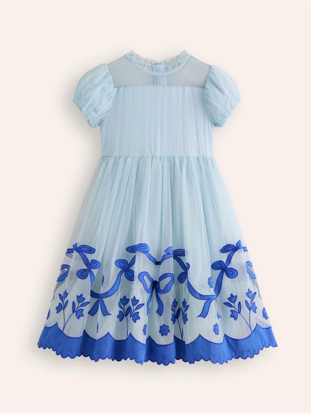 MINI BODEN Girls Light Blue Dress with Blue Embroidered Hem